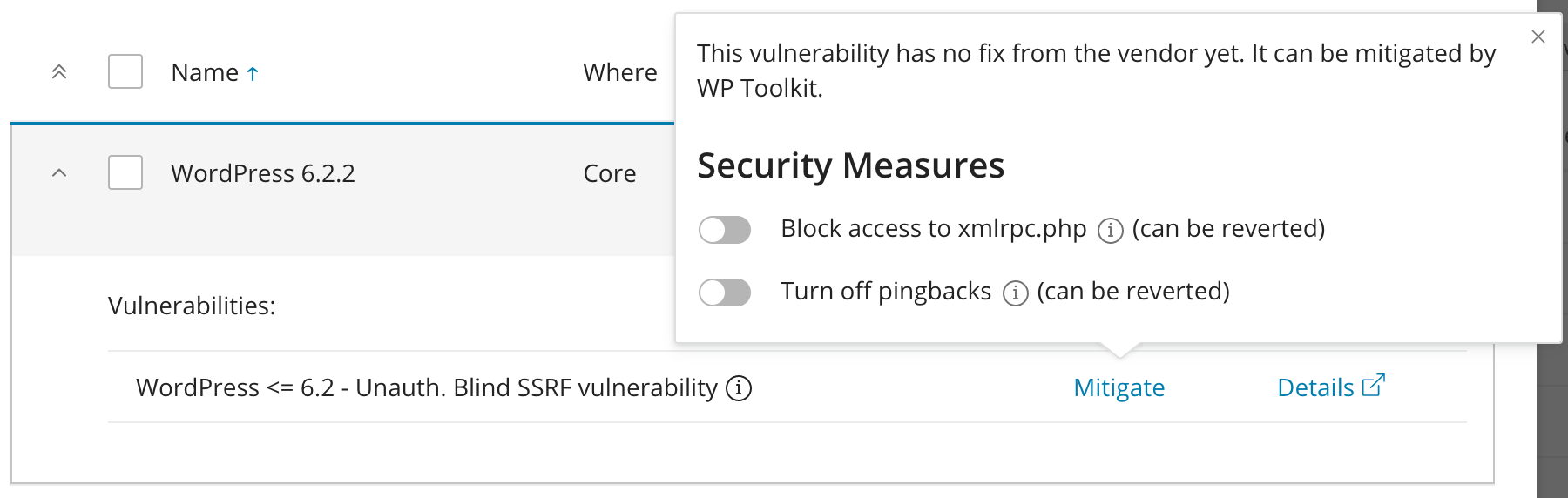 WordPress Toolkit Security Check - WordPress Vulnerabilities - Mitigate